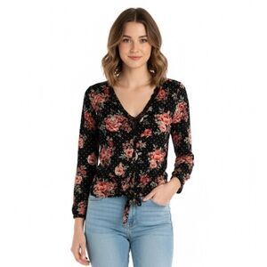 NO BOUNDARIES Floral PolkaDot Tie Front Blouse, Juniors M (7-9), Black Red